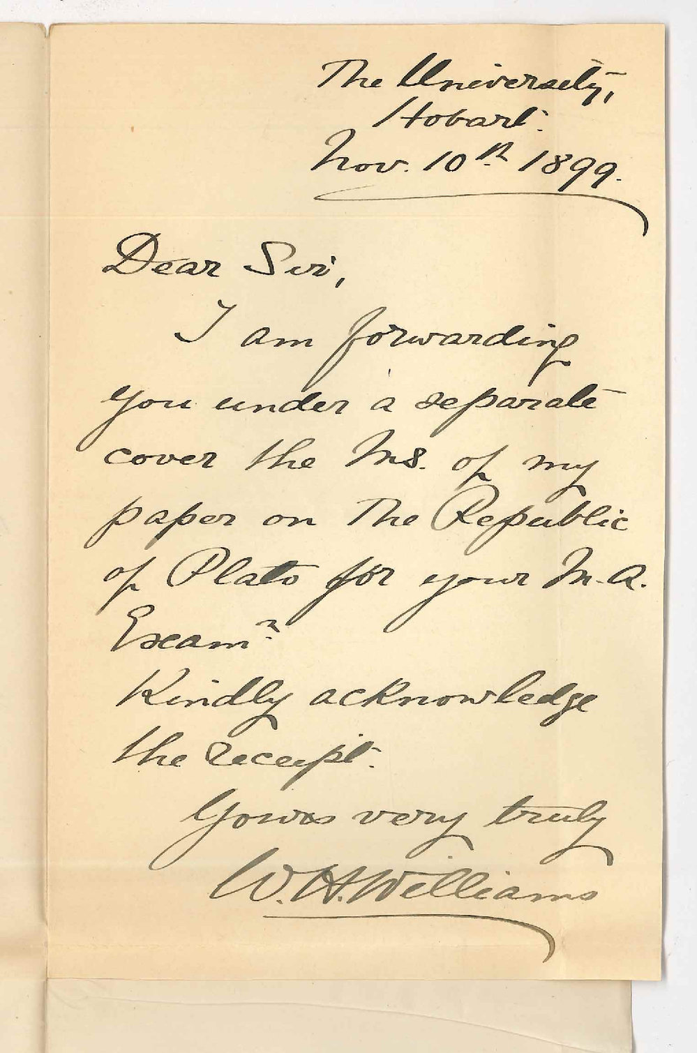 Professor W H Williams - University of Tasmania - Hobart - Forwarding MS Exam Paper for MA Degree