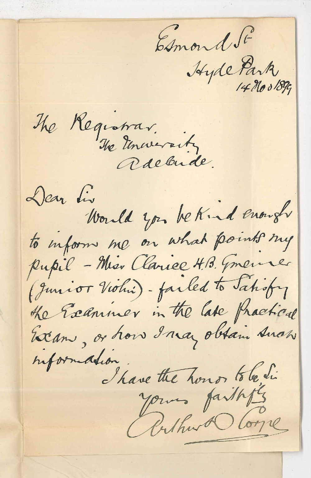 Arthur D Corpe - Hyde Park - Failure of candidate in Practice of Music Violin Examination