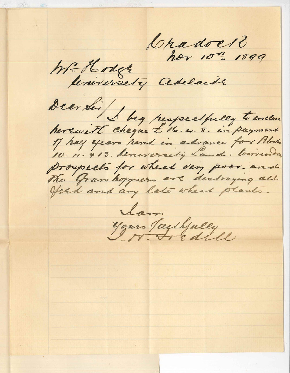 J H Fredell - Cradock - Forwarding half years rent