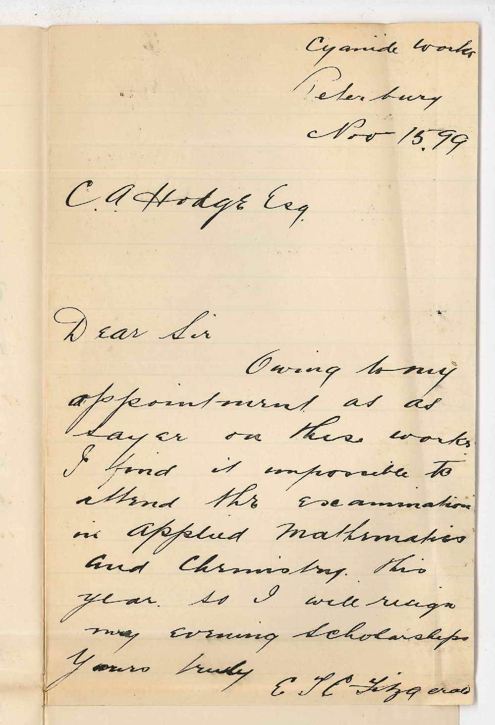 Edward Thomas Columbus Fitzgerald - Petersburg - Resigning Evening Scholarship