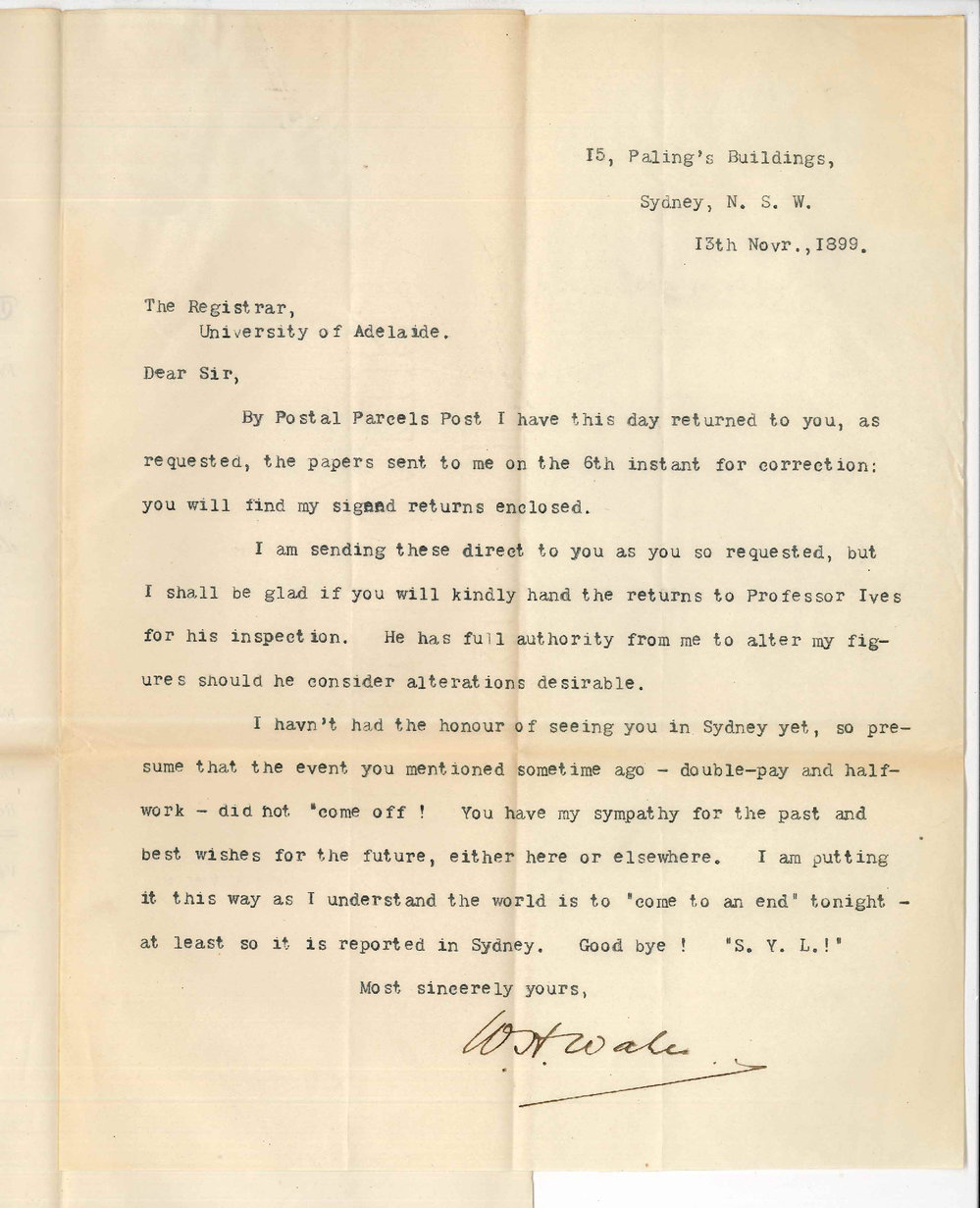 W H Wale - Sydney - Advising return of Music Exam Papers