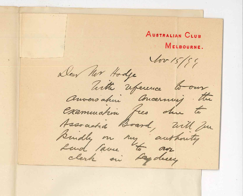 Graham P Moore - Australian Club - Melbourne - Concerning Examination fees due to Associated Board