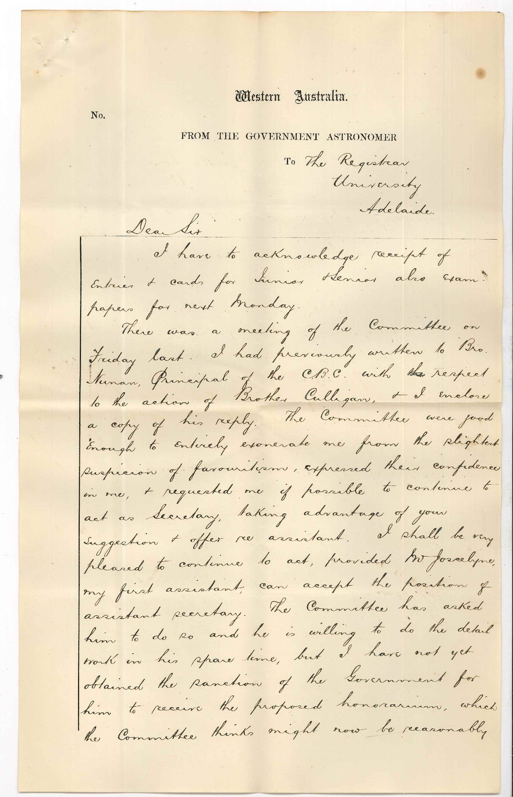 W Ernest Cooke - Honorary Secretary - Government Astronomer - Western Australia - Concerning publication of results of Local Examinations
