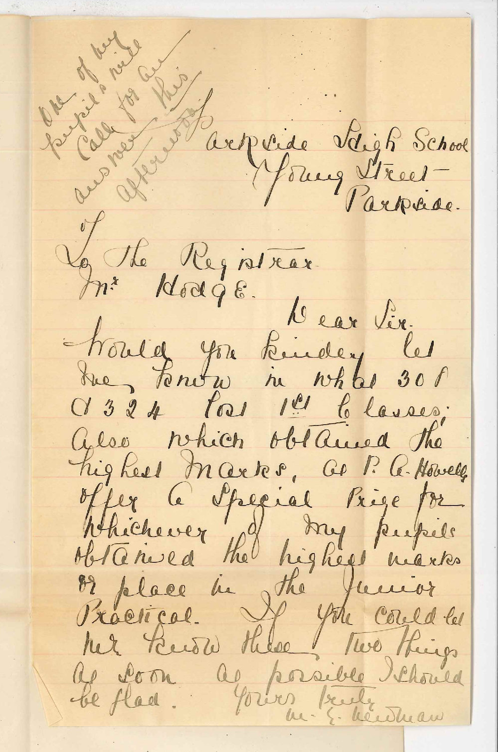 Miss M E Newman - Parkside - Marks obtained by pupils in Junior Practical Examination