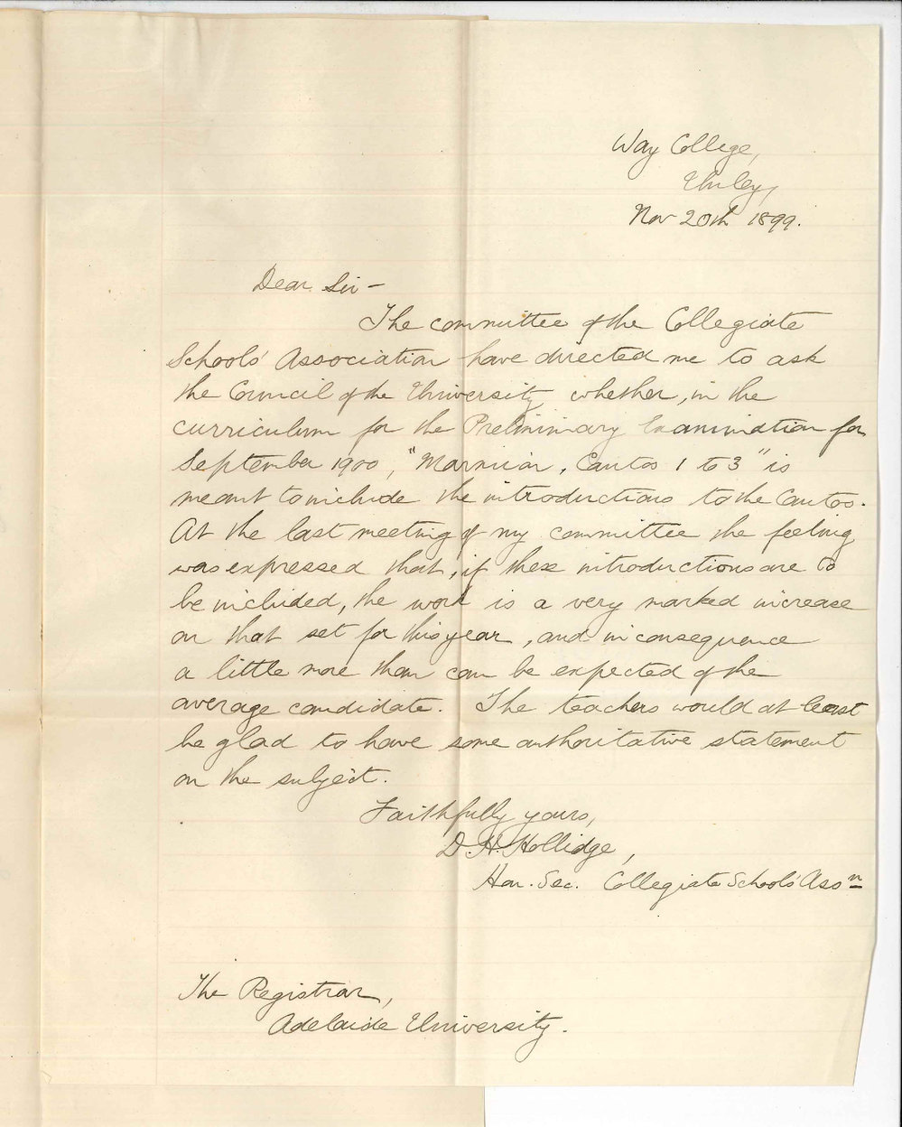 David Henry Hollidge - Hon Secretary Collegiate Schools Association - Concerning Preliminary Examination