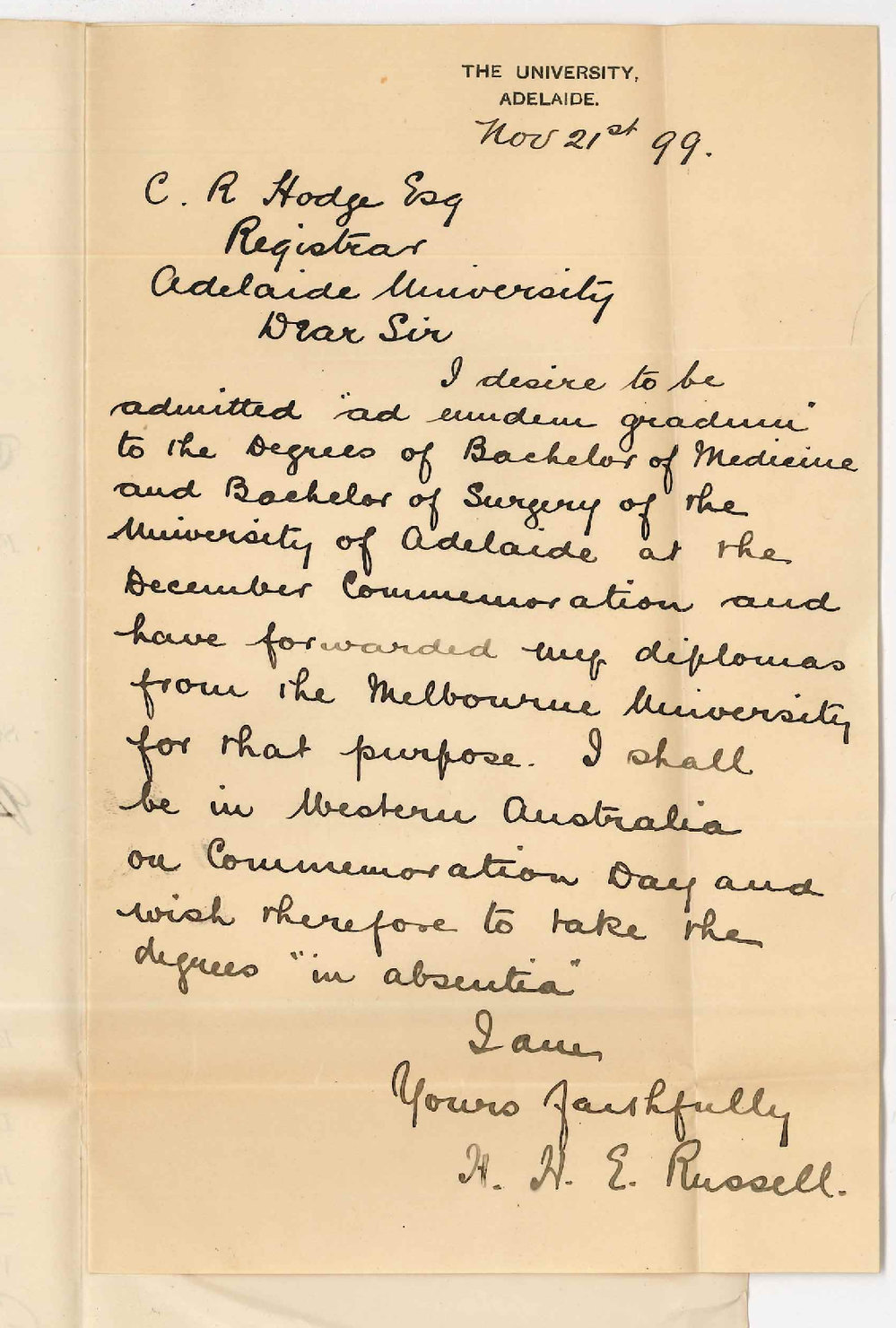 Herbert Henry Ernest Russell - The University - Admission ad eundem gradum