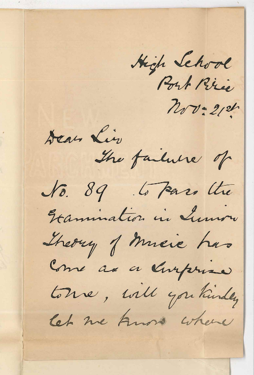 Miss Bessie Scott - High School - Port Pirie - Failure of number 89 in Junior Theory of Music Examination