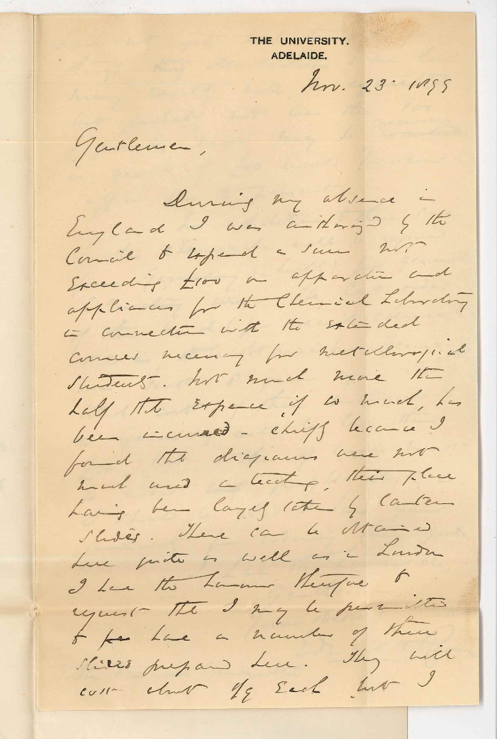 Professor Edward Henry Rennie - The University - Request authority to expend &pound;20 on apparatus and chemicals for Chemical Laboratory