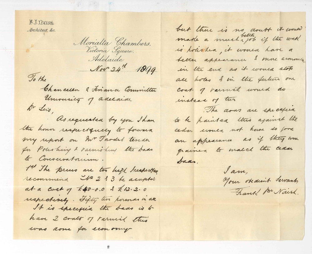 Walter C Torode - Adelaide - Estimate for polishing Cedar Dado etc