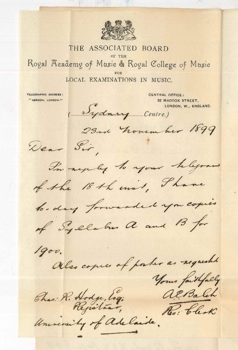 A E Balch - Sydney - Forwarding Syllabus A and B for 1900 - copies of poster