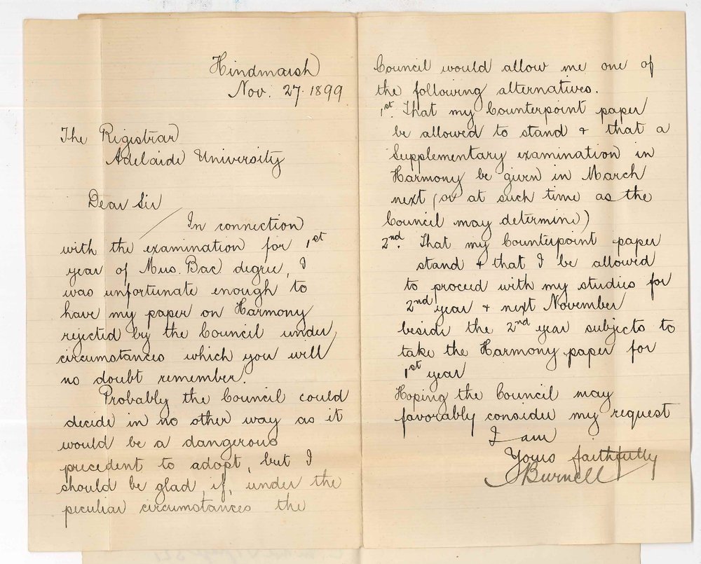 V L Burnell - Hindmarsh - Examination first year Music Bachelor