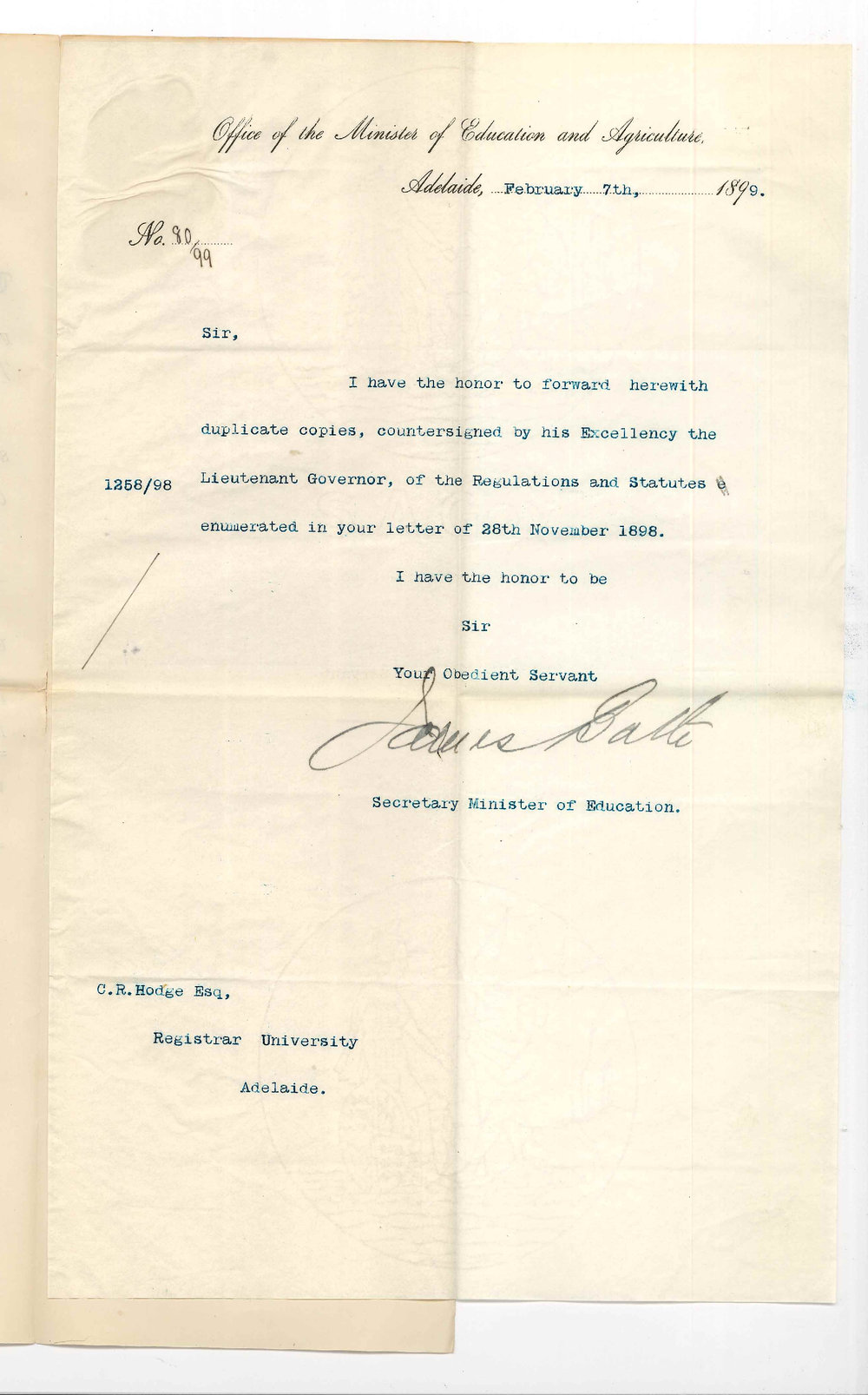 James Bath - Secretary - Minister of Education - Forwarding copies of Regulations and Statutes