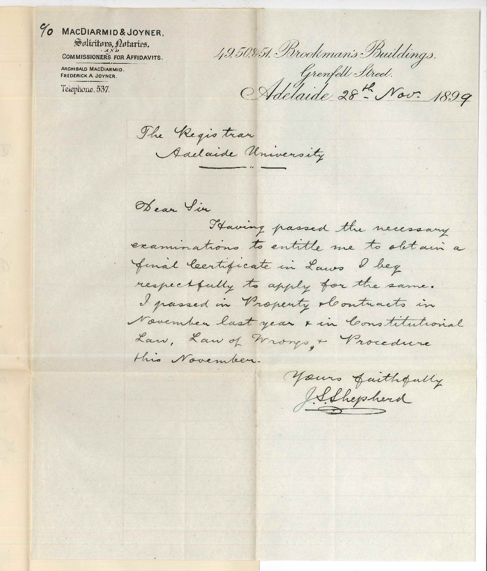 J S Shepherd - Adelaide - Requesting Final Certificate in Law