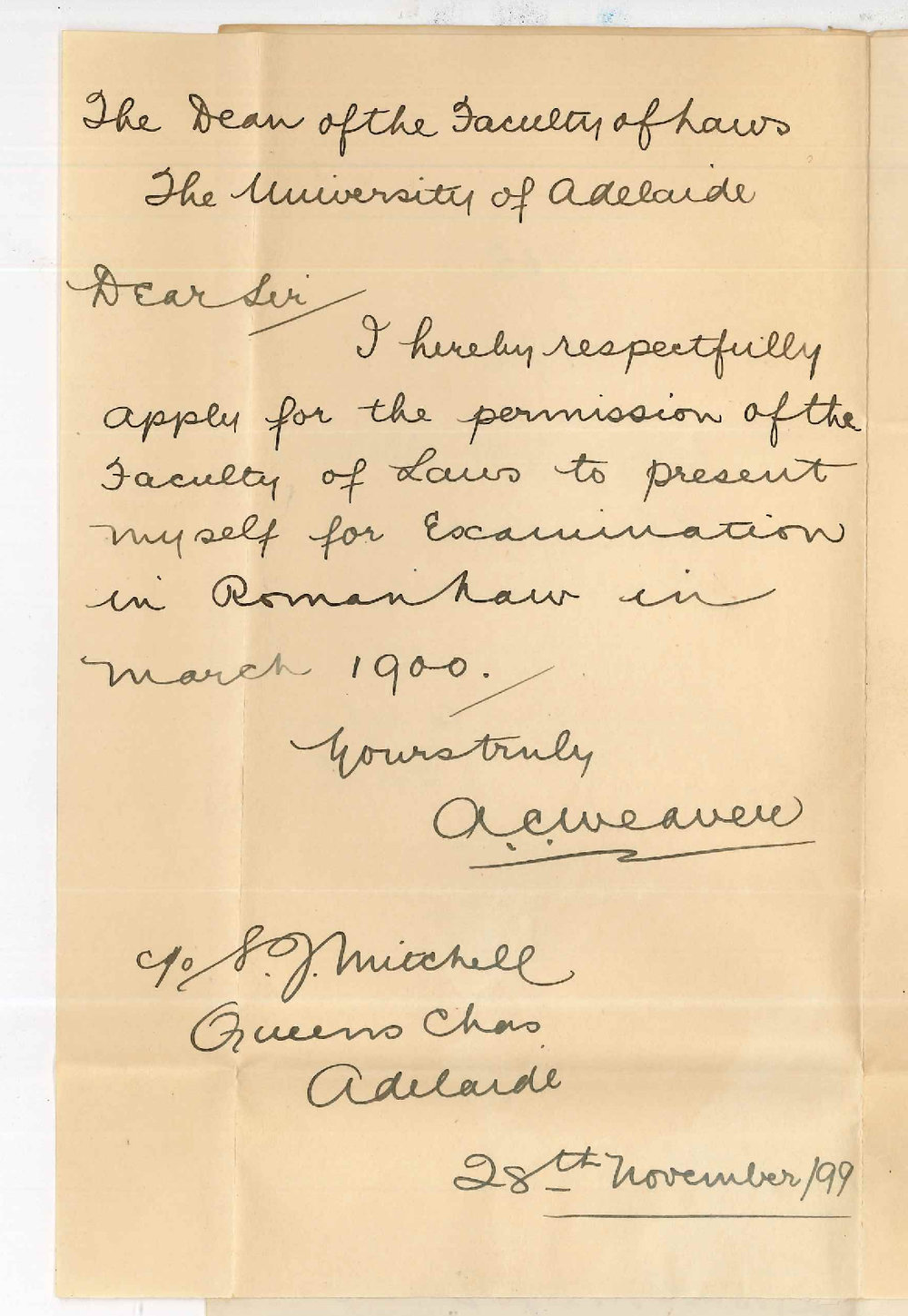 A C Weaver - Adelaide - Permission to sit in Roman Law in March