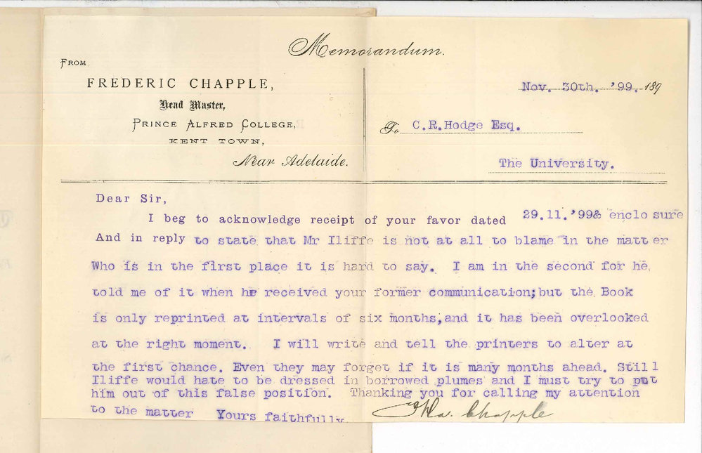 Frederic Chapple - Prince Alfred College - Concerning Mr James Drinkwater Iliffe