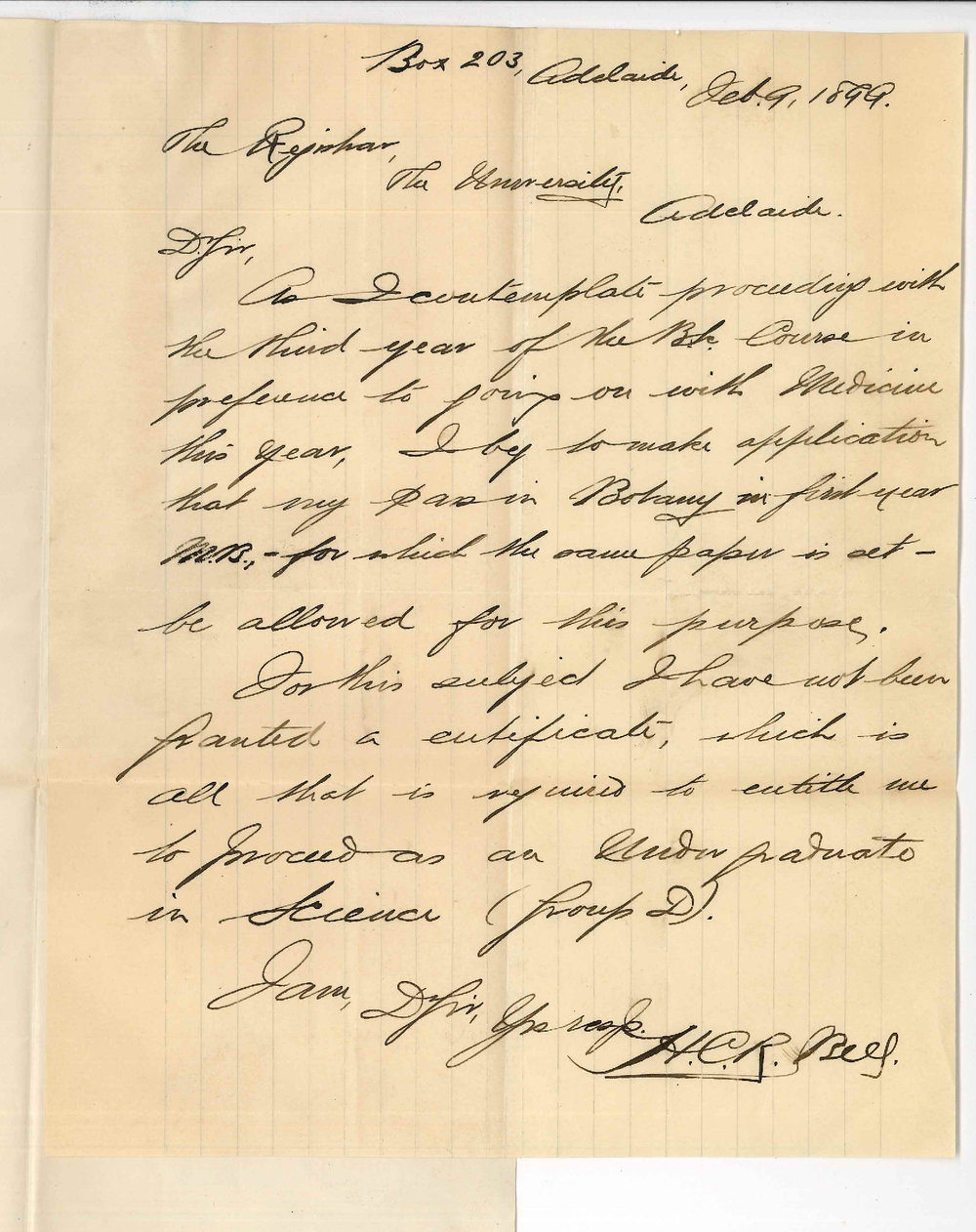 H C R Bell - University - Concerning BSc Course