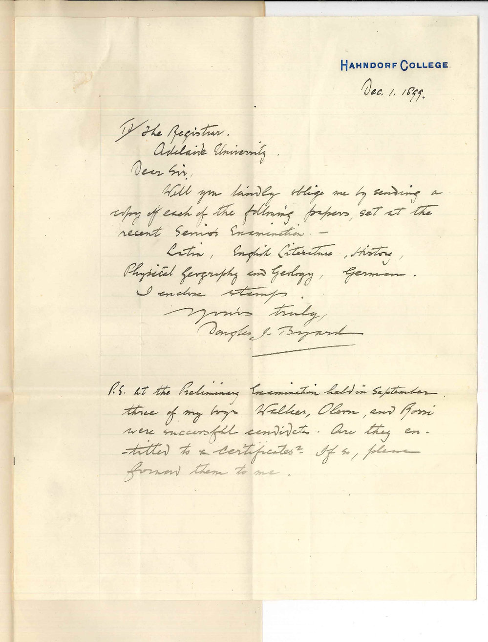 Douglas John Byard - Hahndorf College - Requesting Exam Papers Senior Public and Certificates Preliminary Examination