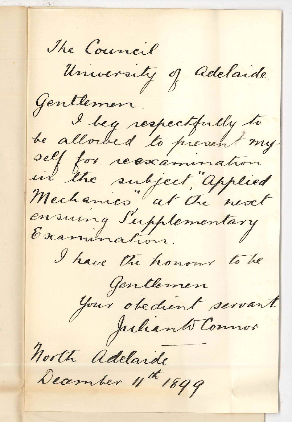 Julian W Connor - North Adelaide - Permission to sit for Applied Mechanics at the Supplementary Examination in March 1900