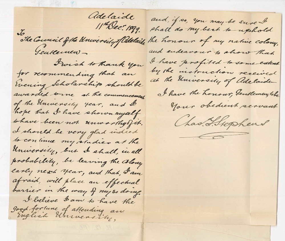 Charles Francis Stephens - Adelaide - Resigning Evening Scholarship