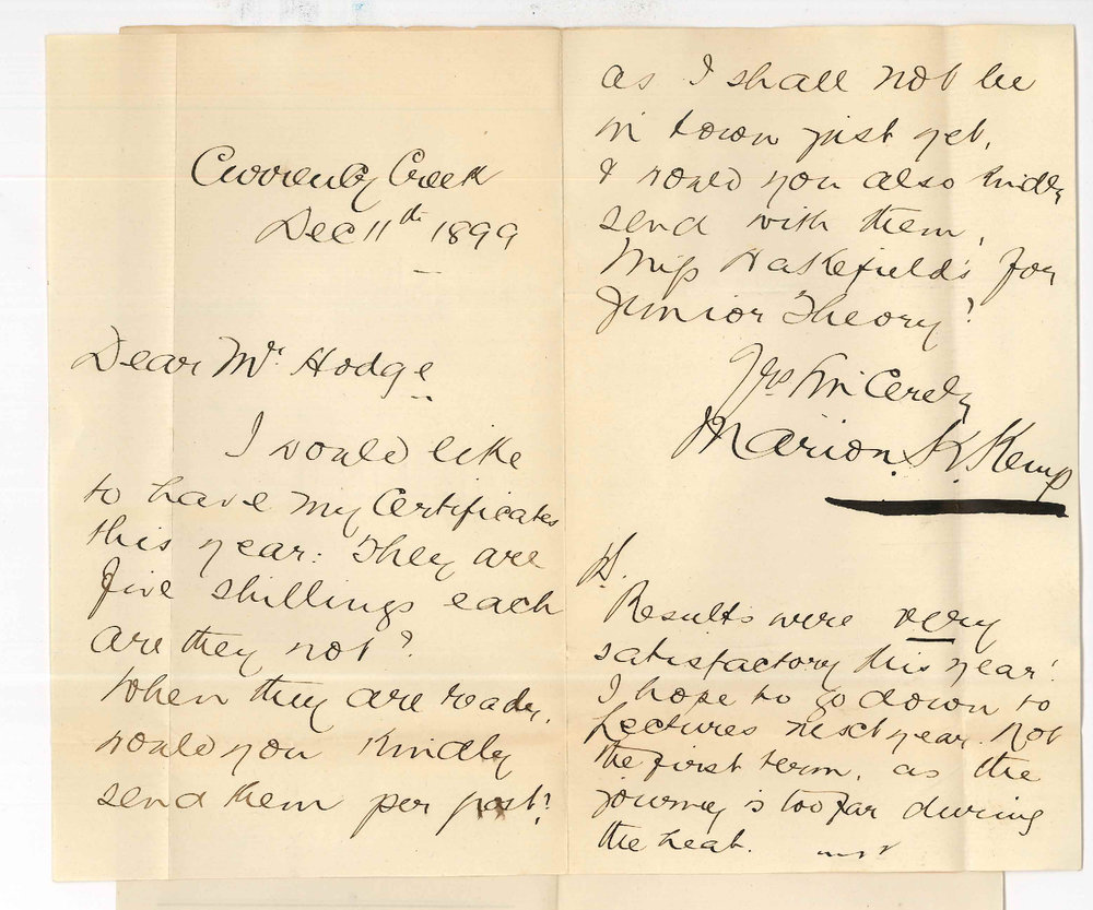 Miss Marion Kirkwood Kemp - Currency Creek - Requesting Certificates