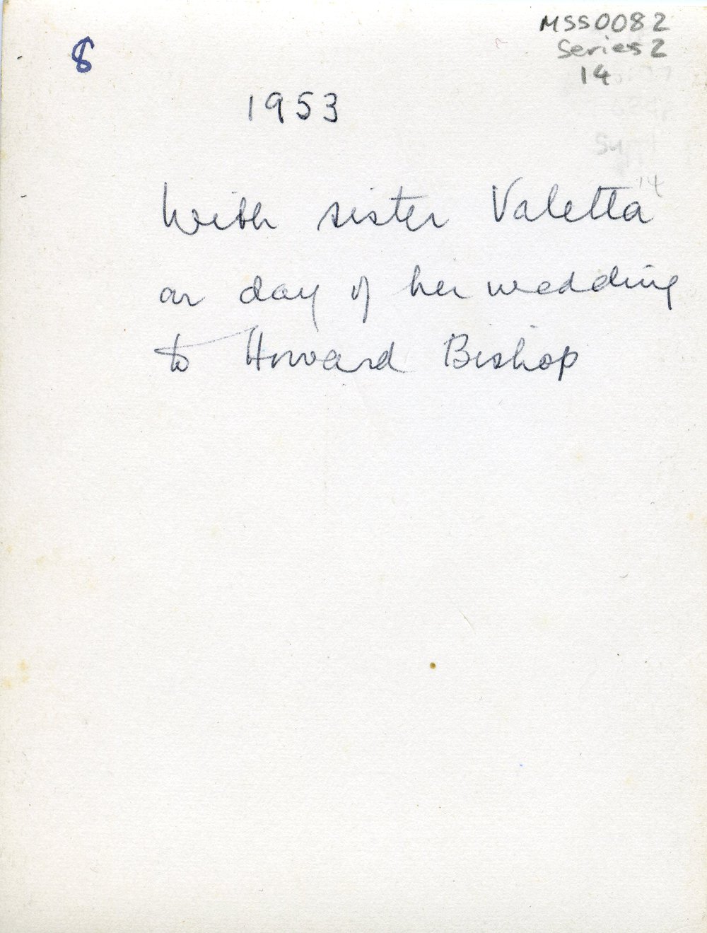Back of photograph - Howard Florey with Sister Valetta on Wedding Day, 1953 
