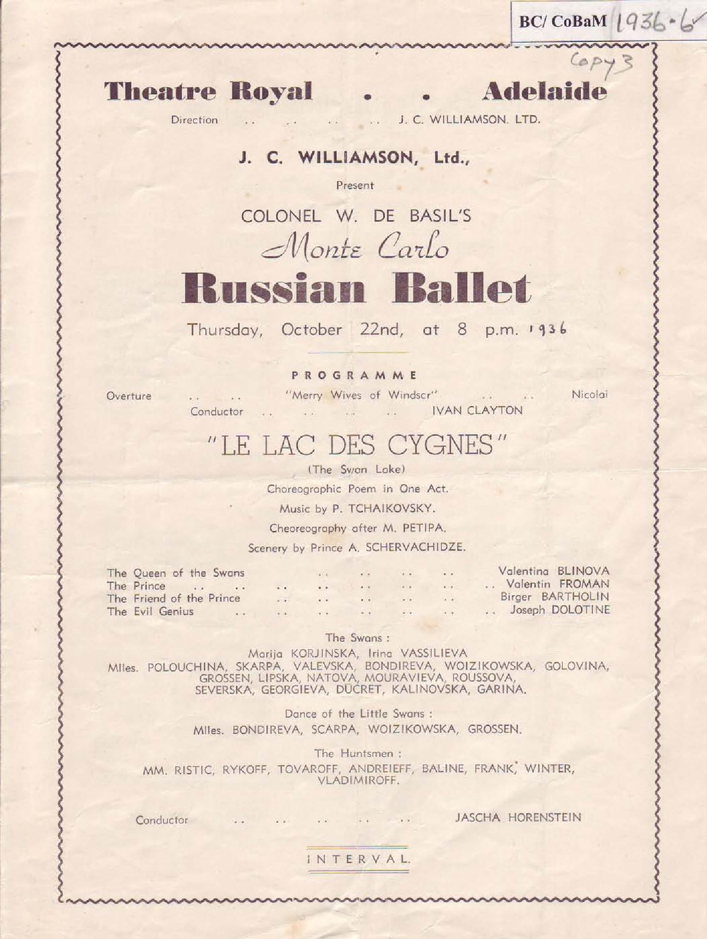 Colonel W. De Basil's Monte Carlo Russian Ballet Programme -&nbsp;Adelaide 1936-1937
