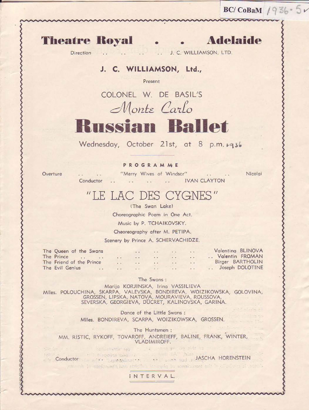 Colonel W. De Basil's Monte Carlo Russian Ballet Programme -&nbsp;Adelaide 1936-1937