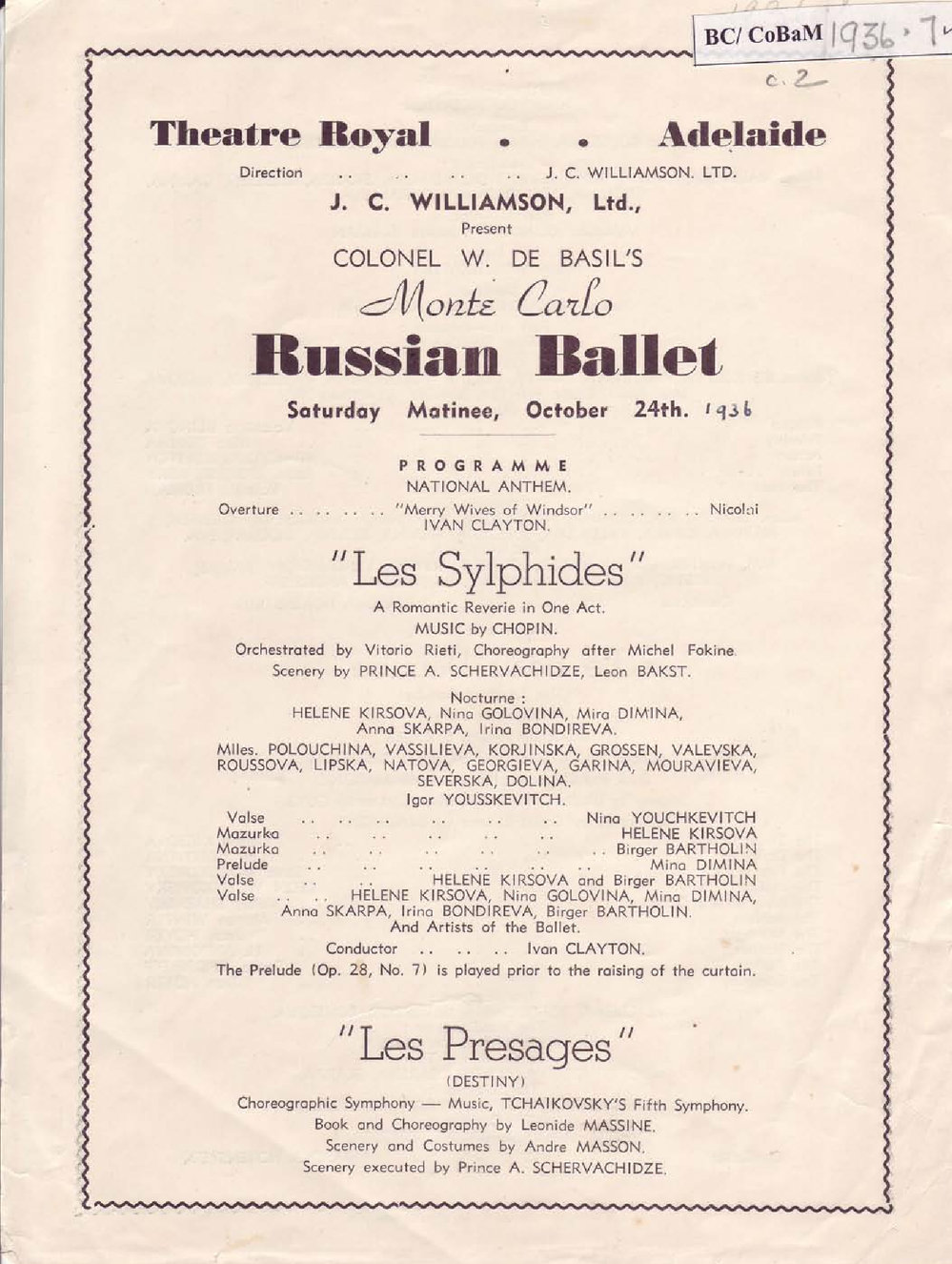 Colonel W. De Basil's Monte Carlo Russian Ballet Programme -&nbsp;Adelaide 1936-1937