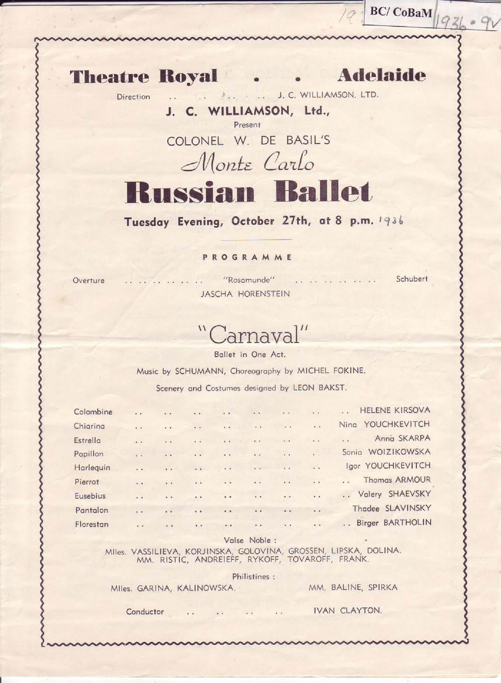 Colonel W. De Basil's Monte Carlo Russian Ballet Programme -&nbsp;Adelaide 1936-1937