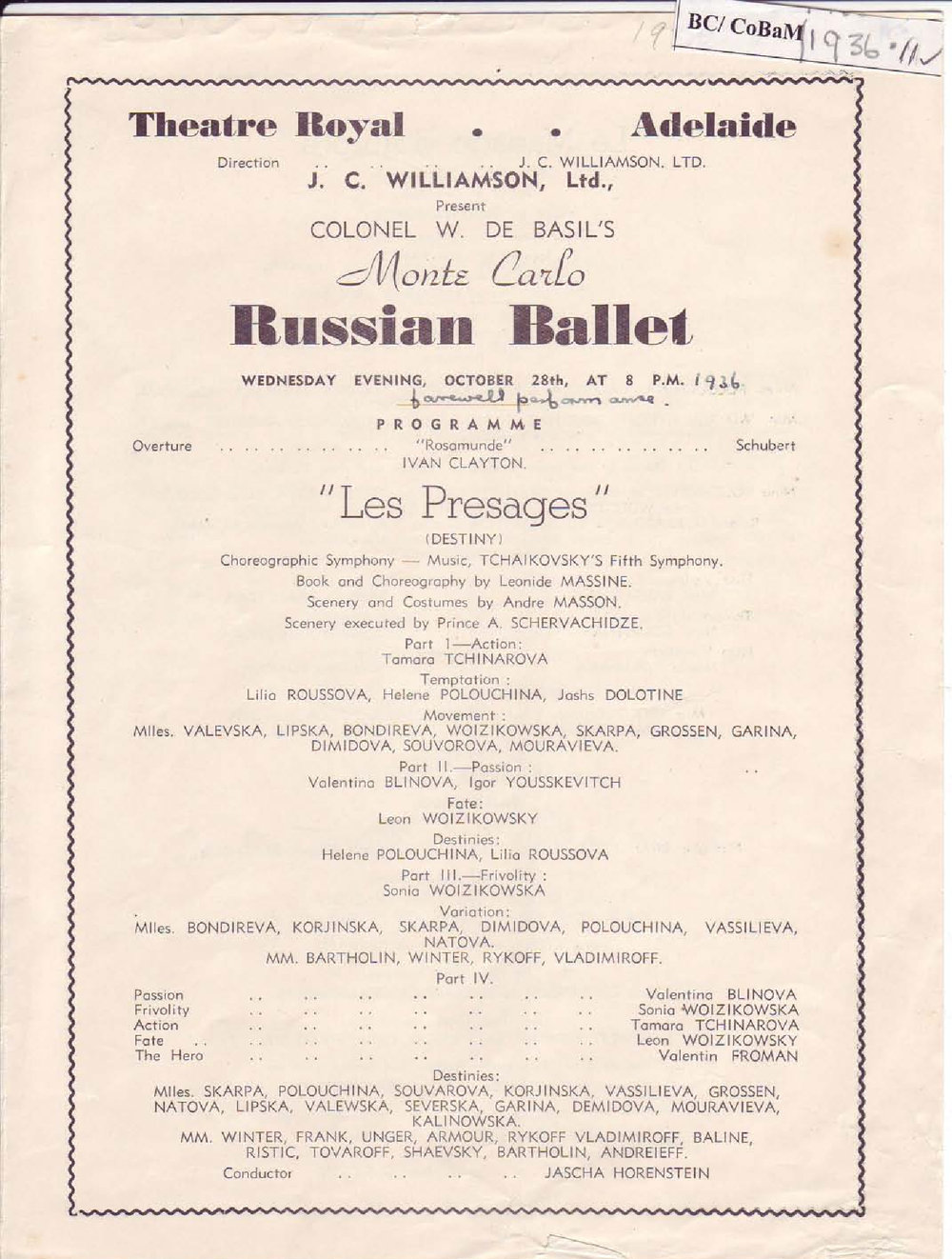 Colonel W. De Basil's Monte Carlo Russian Ballet Programme -&nbsp;Adelaide 1936-1937