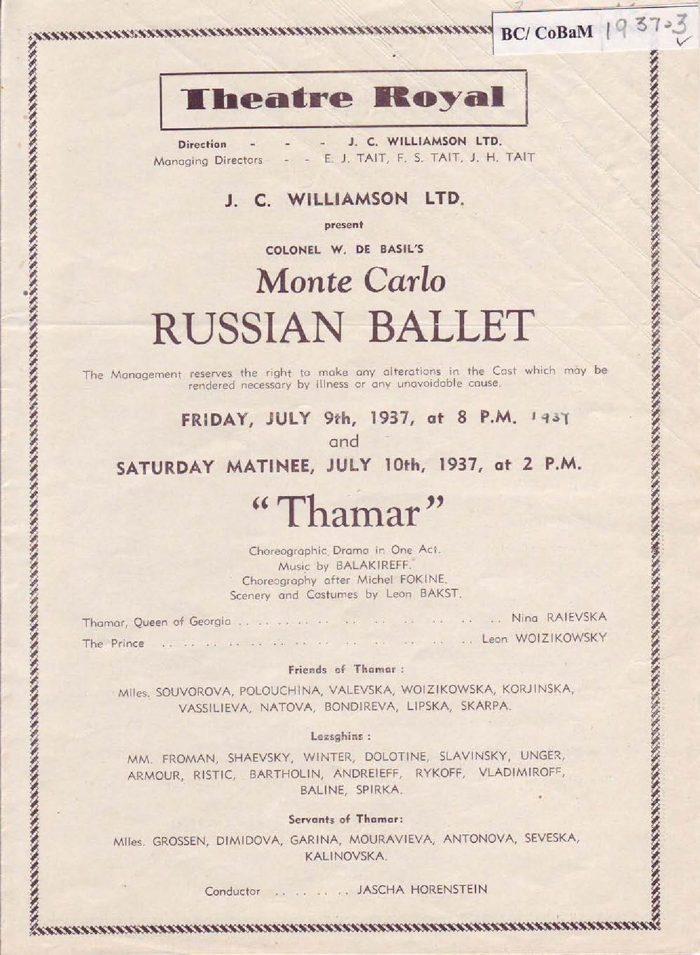 Colonel W. De Basil's Monte Carlo Russian Ballet Programme -&nbsp;Adelaide 1936-1937