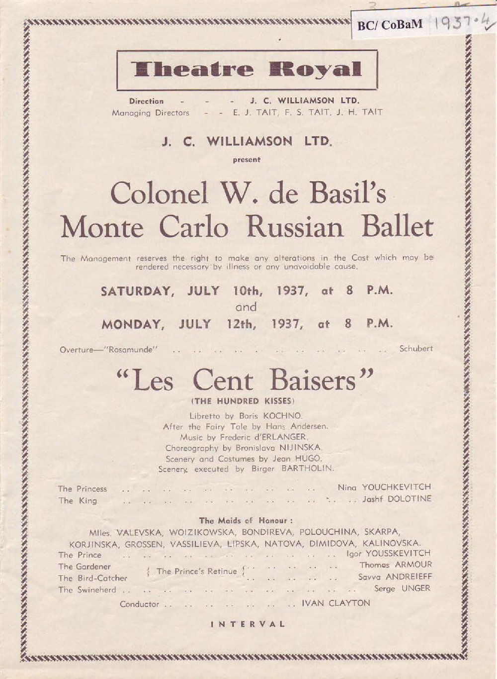 Colonel W. De Basil's Monte Carlo Russian Ballet Programme -&nbsp;Adelaide 1936-1937
