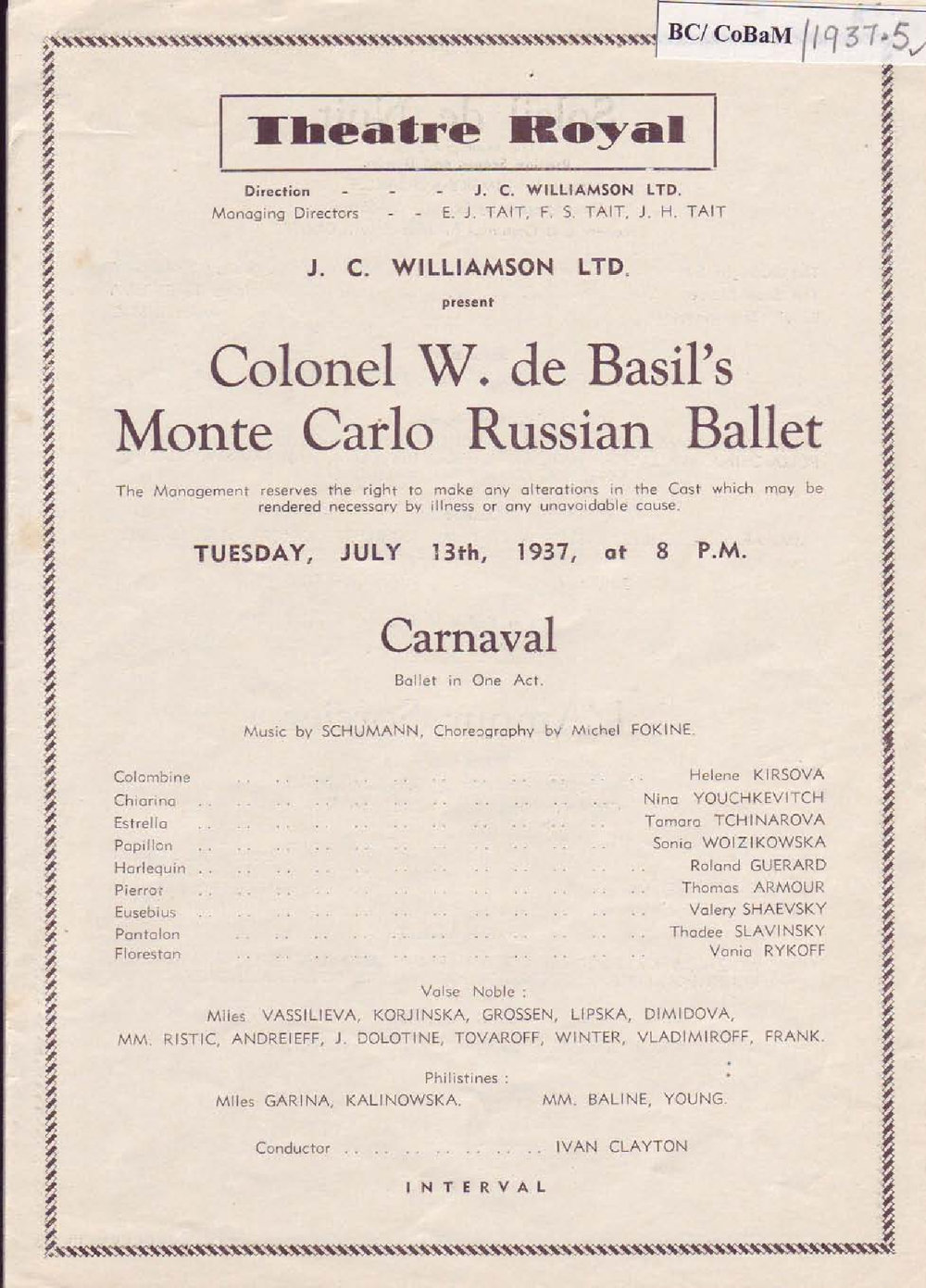 Colonel W. De Basil's Monte Carlo Russian Ballet Programme -&nbsp;Adelaide 1936-1937