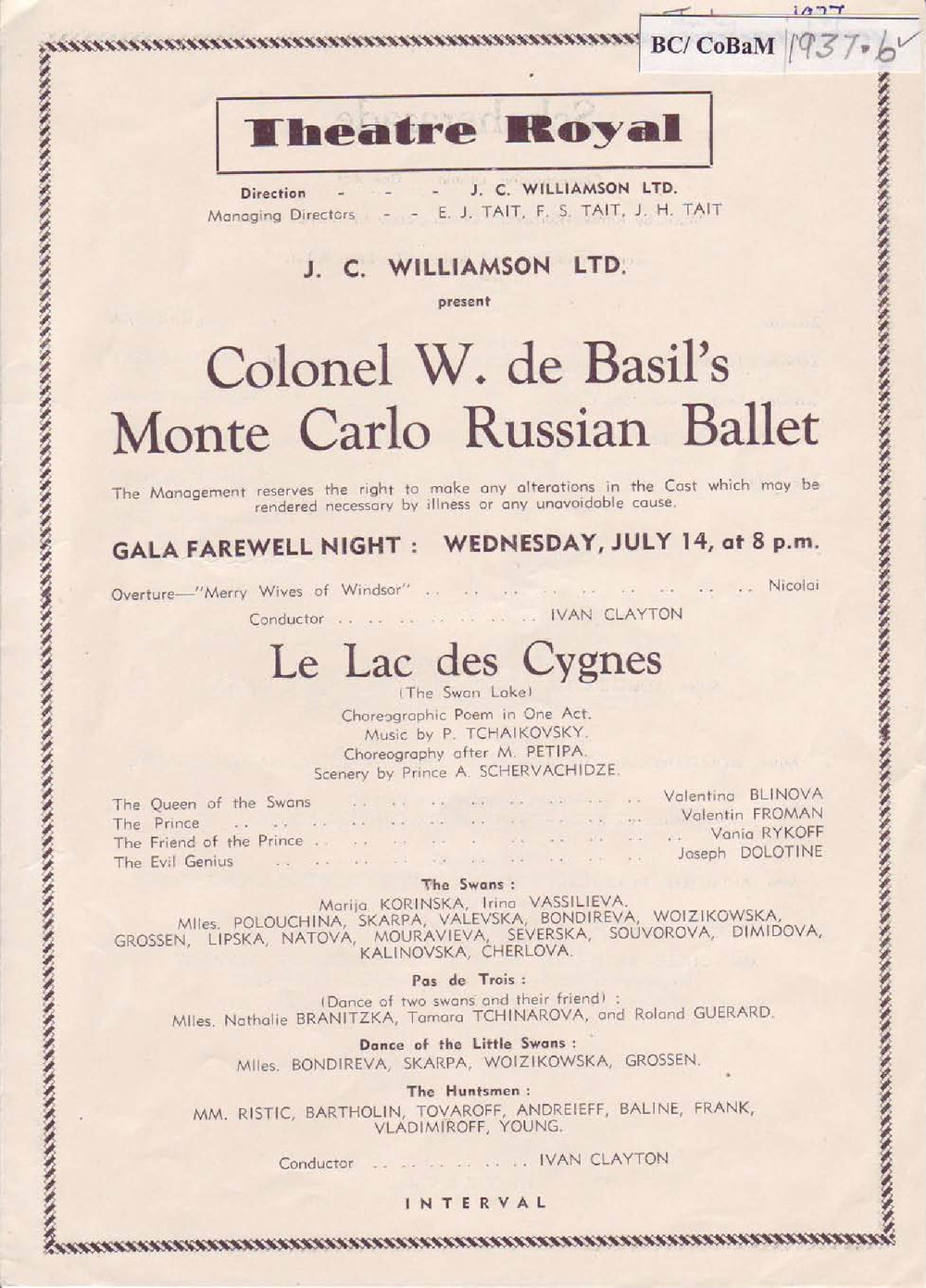 Colonel W. De Basil's Monte Carlo Russian Ballet Programme -&nbsp;Adelaide 1936-1937