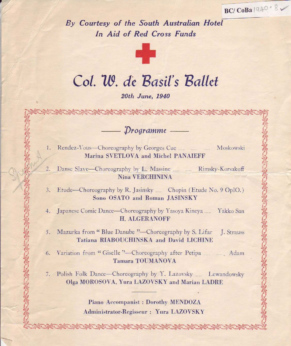 Colonel W. De Basil's Monte Carlo Russian Ballet Programme -&nbsp;Adelaide 1936-1937
