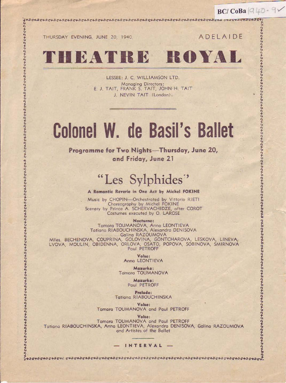 Colonel W. De Basil's Monte Carlo Russian Ballet Programme -&nbsp;Adelaide 1939-1940