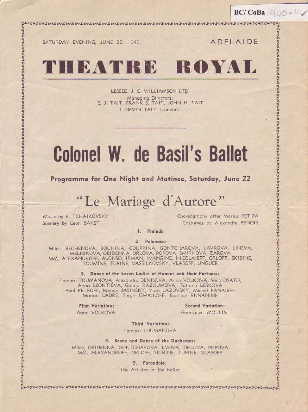 Colonel W. De Basil's Monte Carlo Russian Ballet Programme -&nbsp;Adelaide 1939-1940