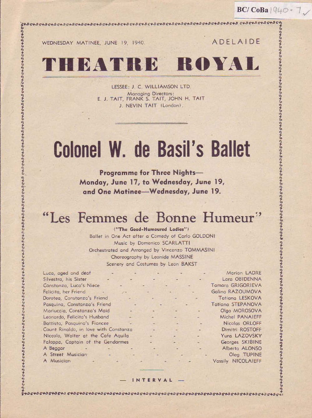 Colonel W. De Basil's Monte Carlo Russian Ballet Programme -&nbsp;Adelaide 1939-1940