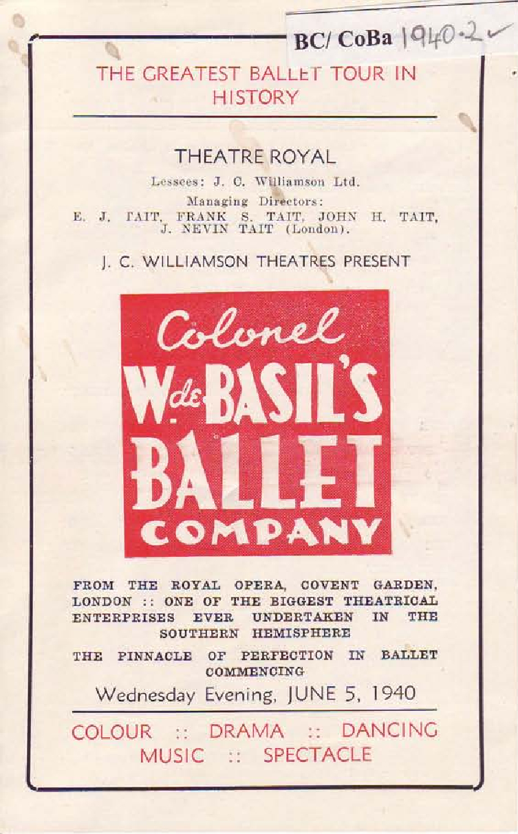 Colonel W. De Basil's Monte Carlo Russian Ballet Programme -&nbsp;Adelaide 1939-1940