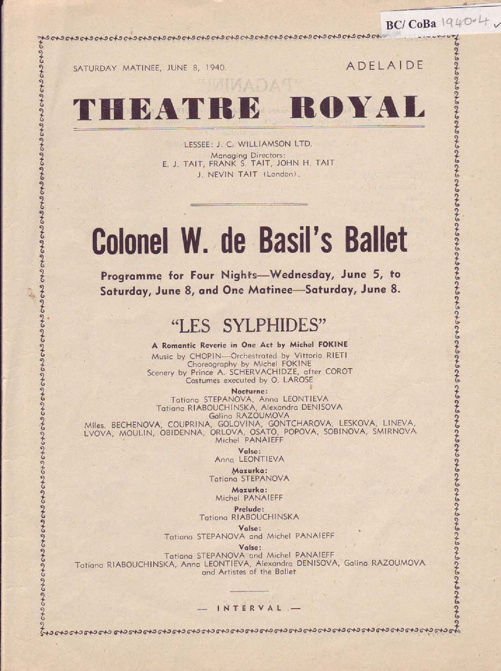Ballets Russes - Cast list - Matinee -&nbsp;5-8 June 1940