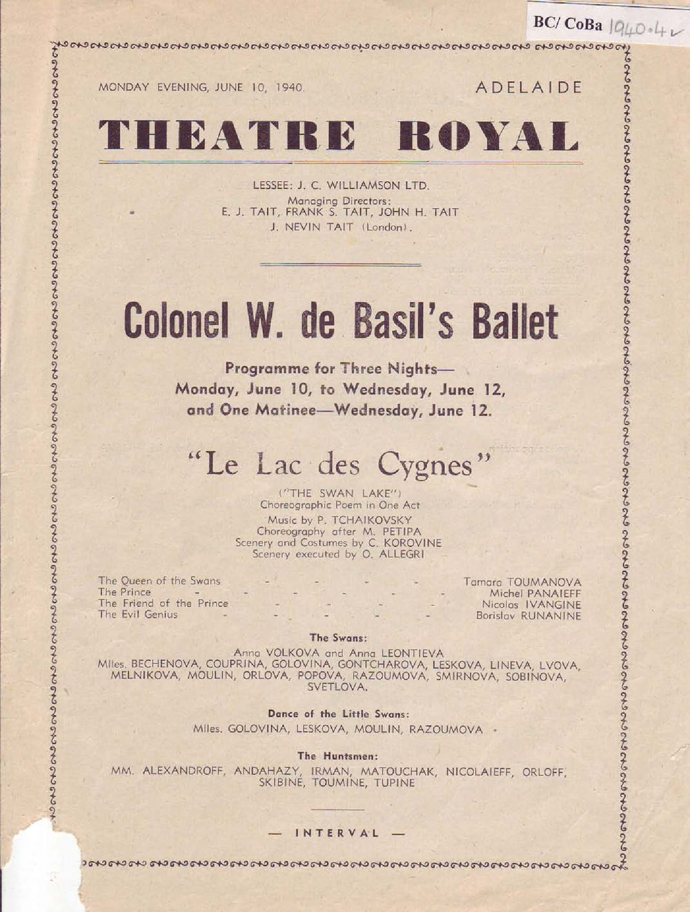 Ballets Russes - Cast list - Evening -&nbsp;10-12 June 1940