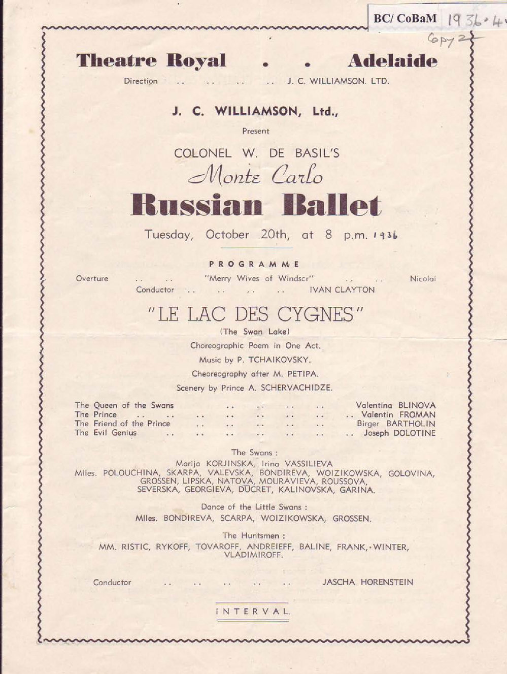 Ballets Russes - Cast list -Evening -&nbsp;20 October 1936