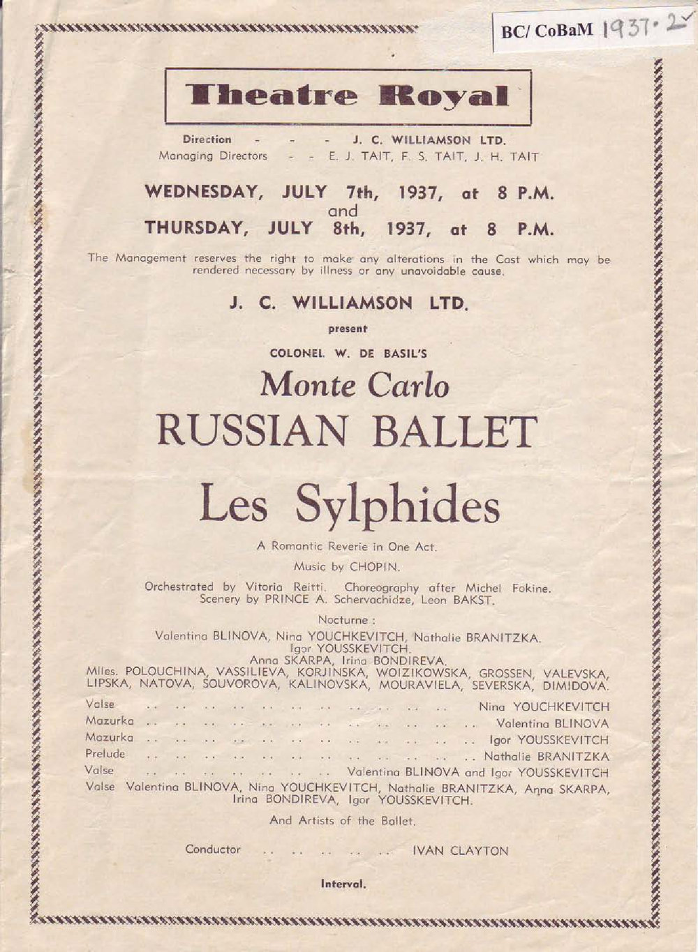 Ballets Russes - Cast list - Evening -&nbsp;7- 8 July 1937