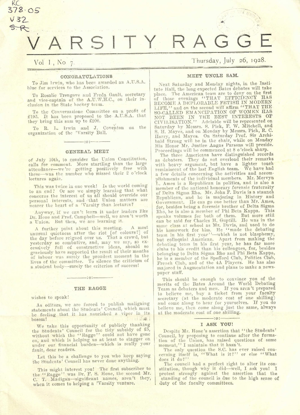 Varsity Ragge Volume 1 No 7 1928