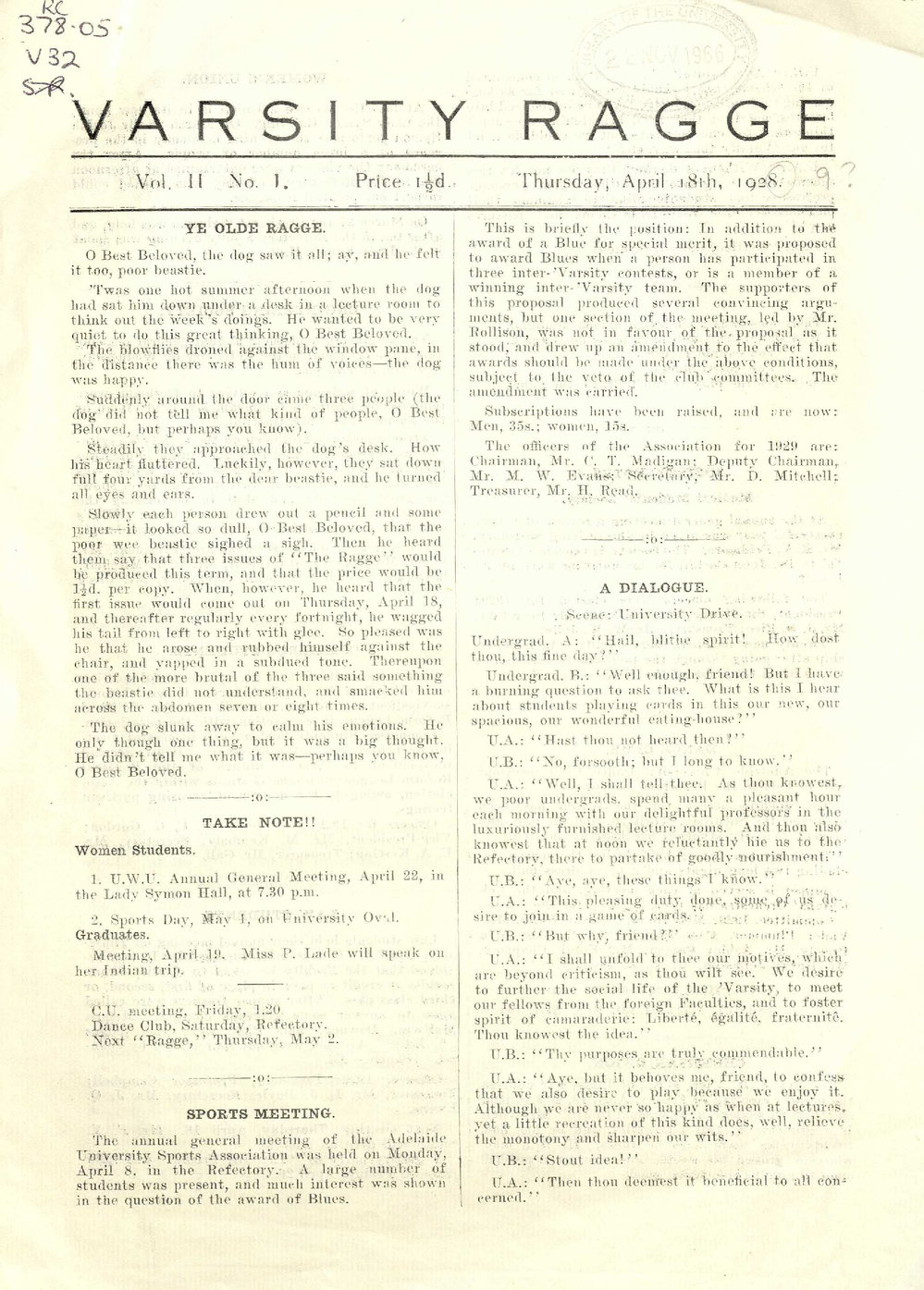 Varsity Ragge Volume 2 No 1 1929