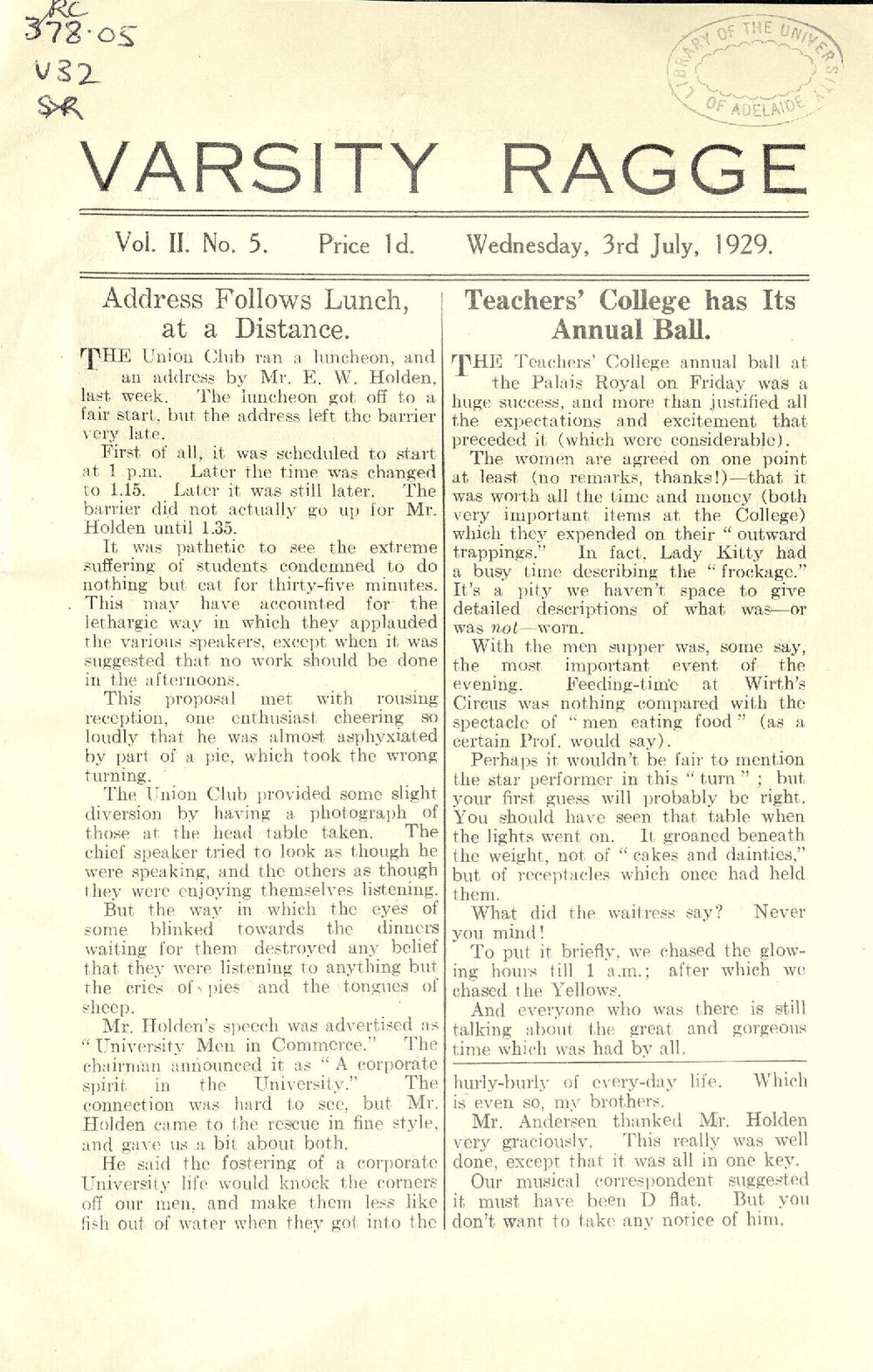 Varsity Ragge Volume 2 No 5 1929