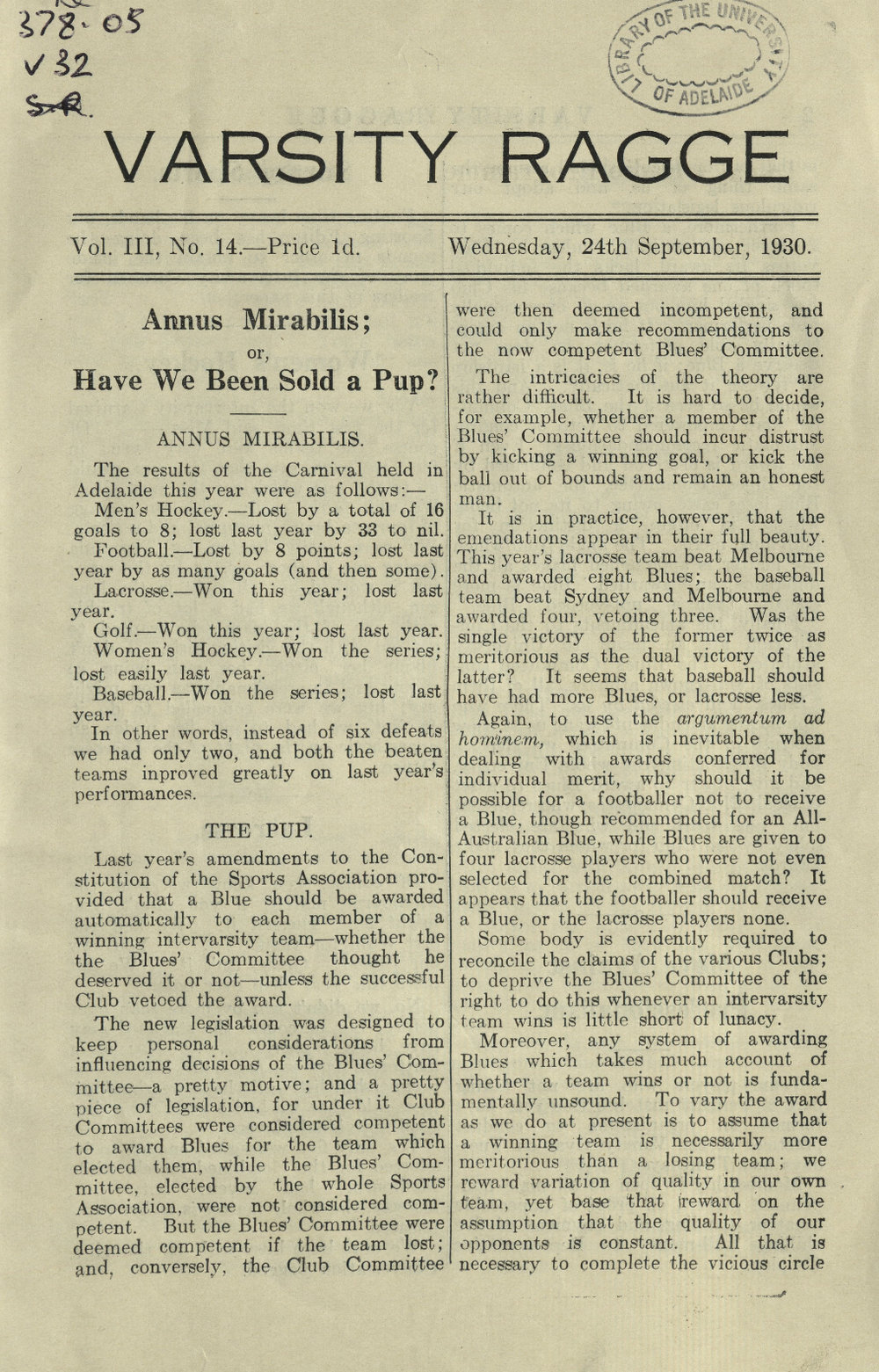 Varsity Ragge Volume 3 No 14 1930