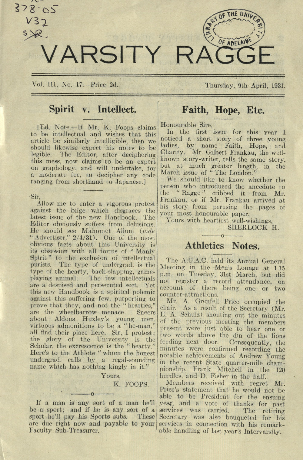 Varsity Ragge Volume 3 No 17 1930