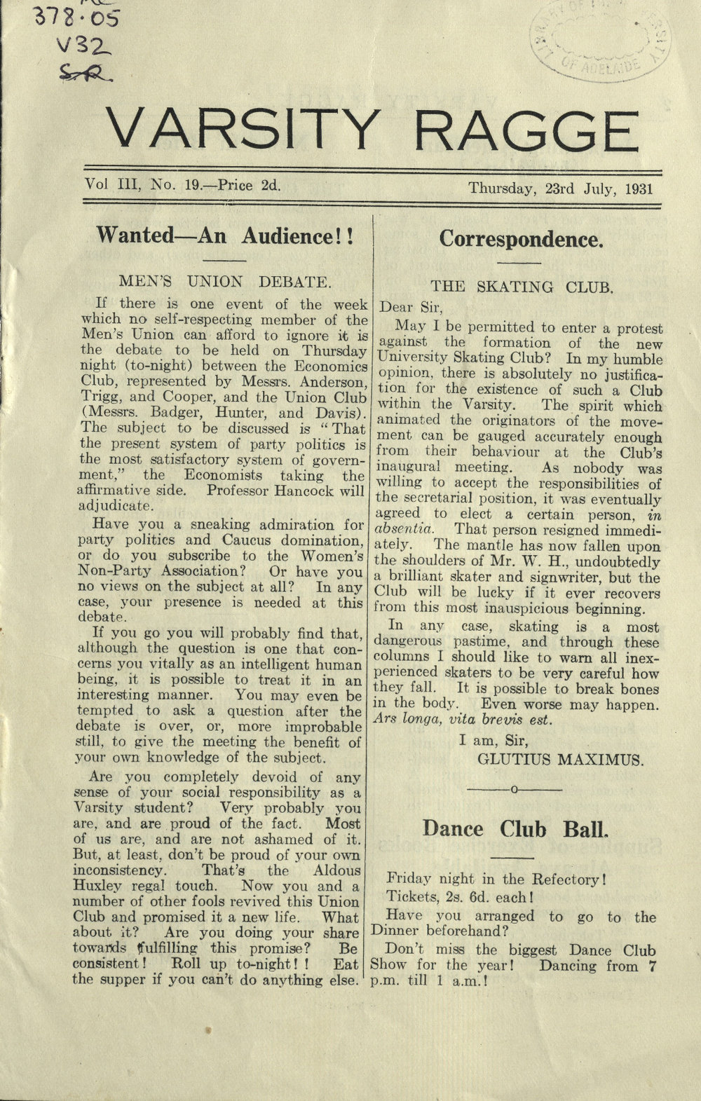 Varsity Ragge Volume 3 No 19 1930