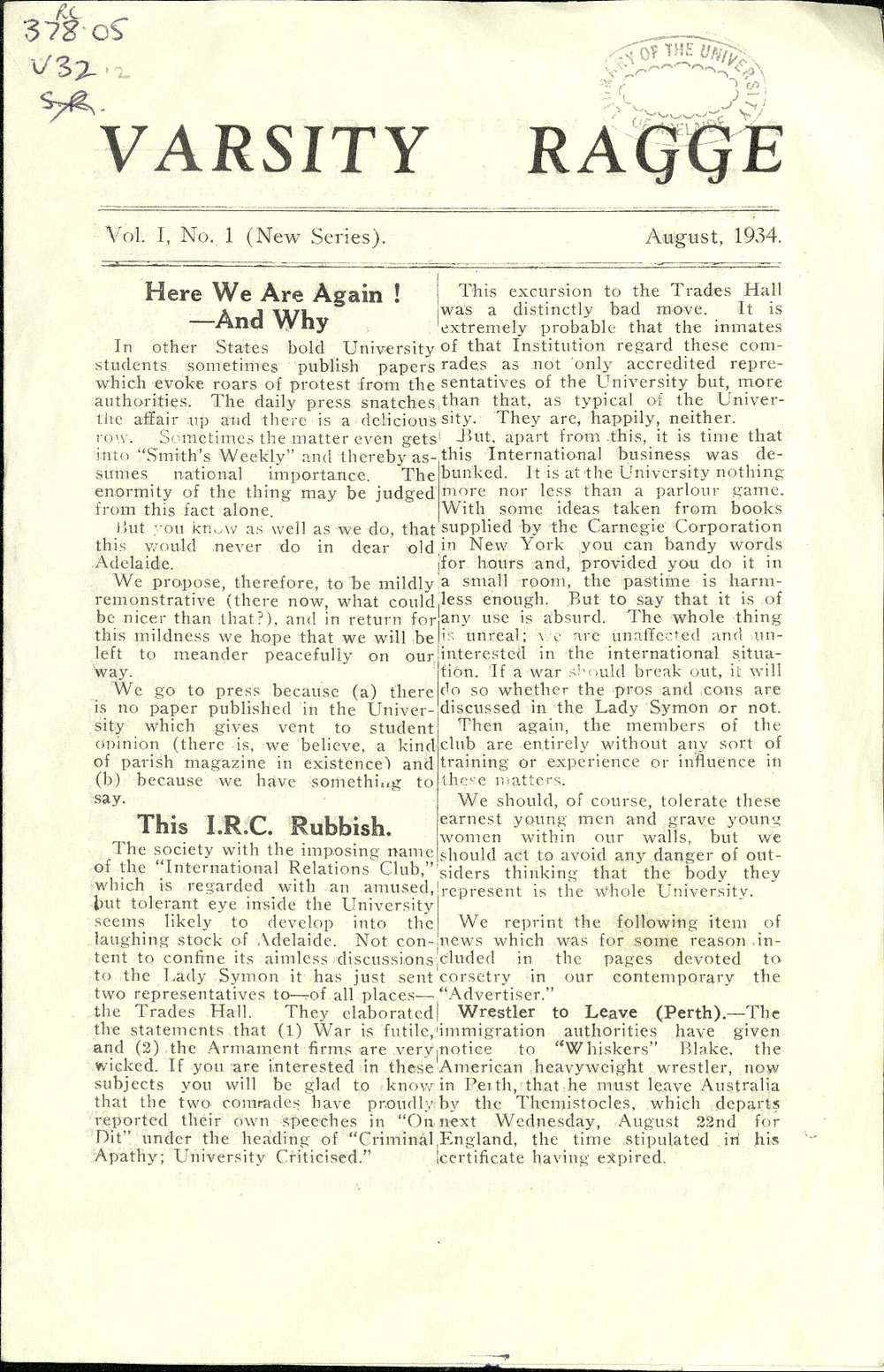 Varsity Ragge Volume 1 No 1 1934